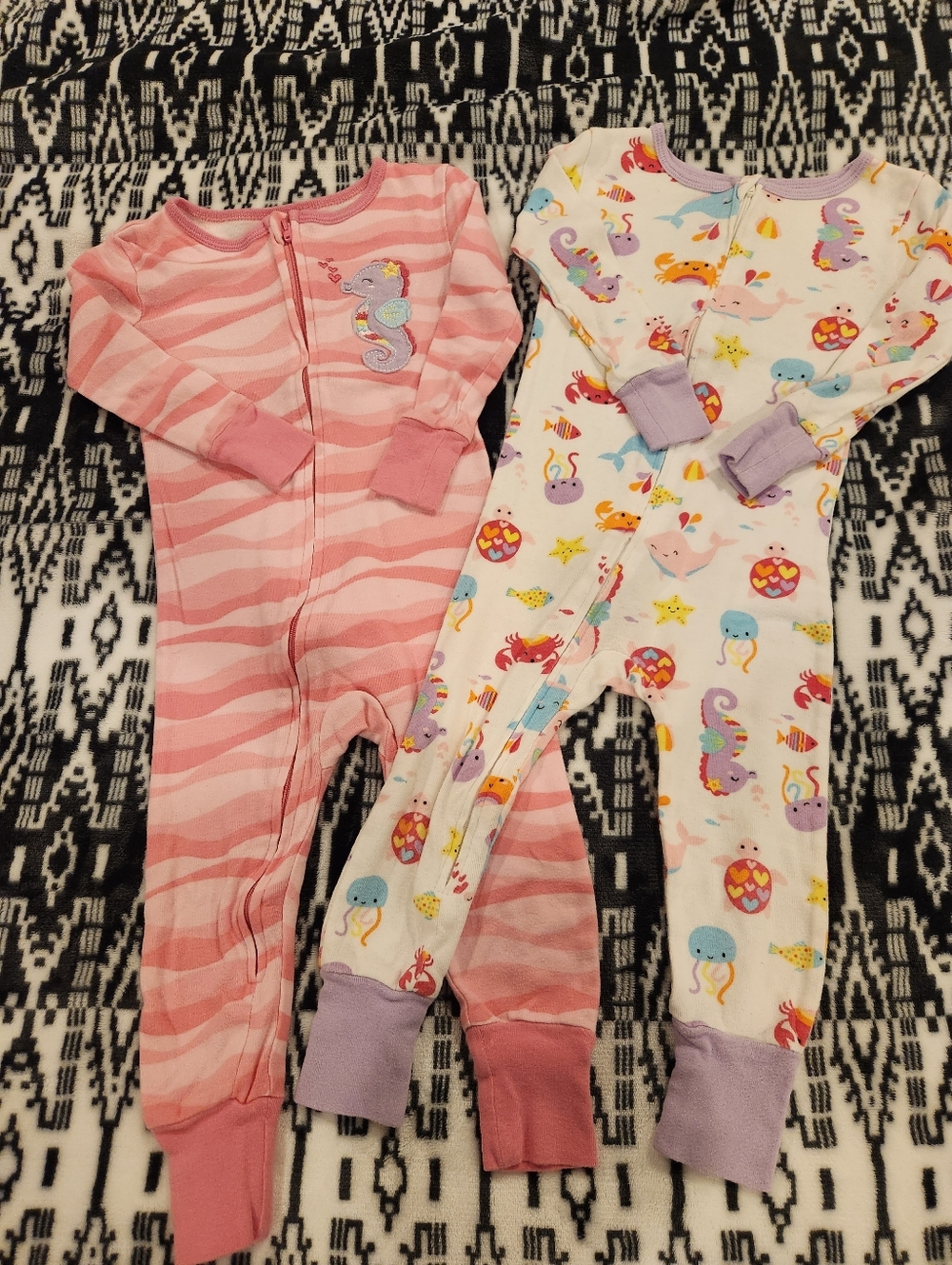Kids Pink Stripe Zipper One-Piece and Cream Ocean Print Pajama Set, Size 2T